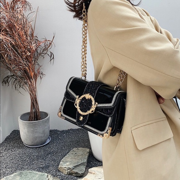 Graphite Chain Glitter Leather Shoulder Bag / Crossbody Bag (Black) - Picture 3 of 7